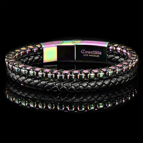Iridescent Plated Stainless Steel Box Chain + Leather Bracelet // 12mm