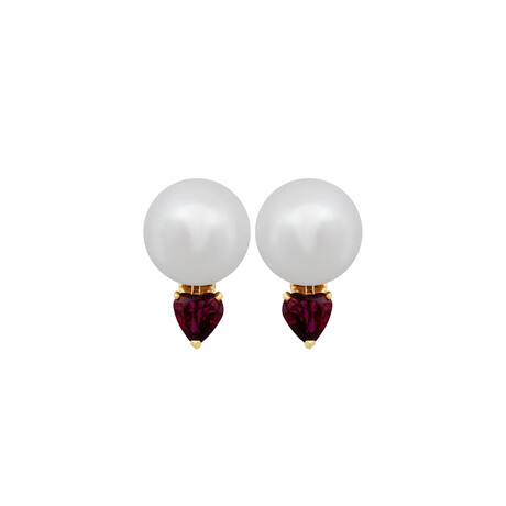 Assael // 18k Yellow Gold Ruby + Pearl Earrings // New
