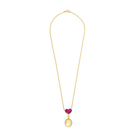 Assael // 18k Yellow Gold Diamond + Ruby + Pearl Necklace // 16" // New