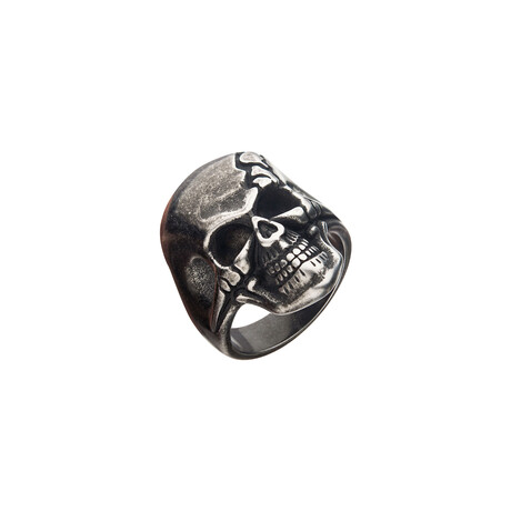 Antiqued Stainless Steel Cracked Skull Ring // Gunmetal (Ring Size: 9)
