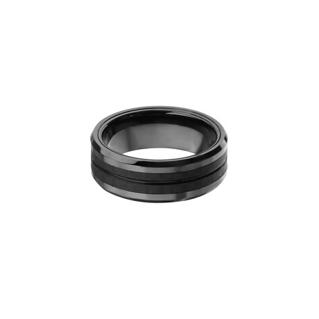 Stainless Steel + Carbon Fiber Double Line Ring // Black (Ring Size: 9)