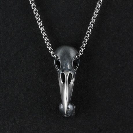 Sterling Silver Raven Skull + Human Skull Pendant + Chain (20")