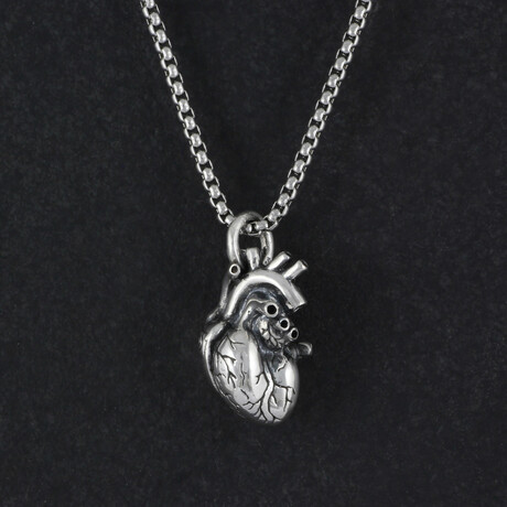 Sterling Silver Anatomical Heart Pendant + Chain // Polished (20")