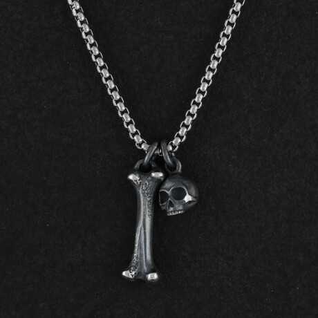 Sterling Silver Tiny Skull + Bone Pendant + Chain (20")