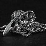 Sterling Silver Day Of The Dead Raven Skull Pendant + Chain (20")