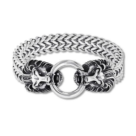 Lion Heads Double Strand Franco Chain Bracelet // Silver