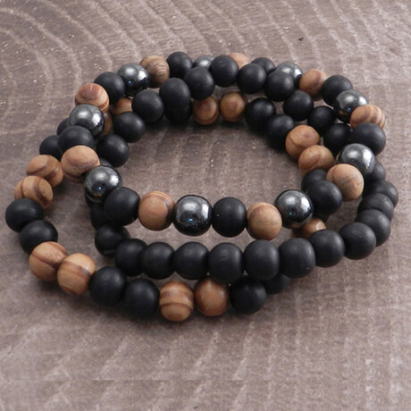 Earth Wood Beaded Bracelet Set // Set of 3 // Brown + Tan