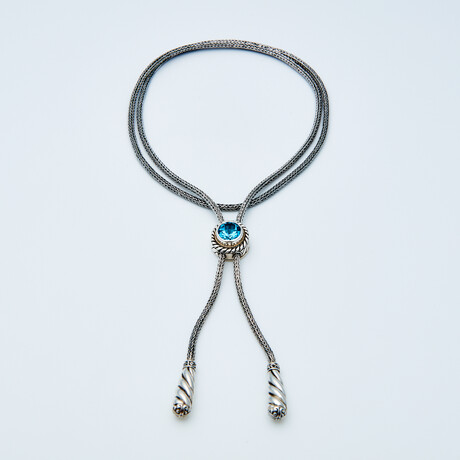 Women's Round Blue Topaz Bolo Necklace // Silver + 18K Gold