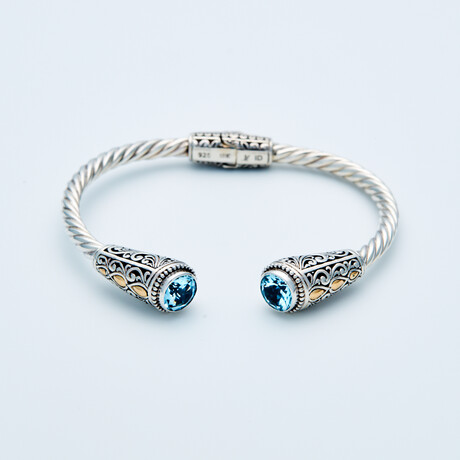 Women's Blue Topaz Scrollwork Cuff Bracelet // Silver + 18K Gold (Small // 6.25")