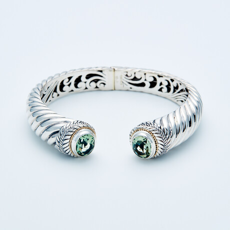 Women's Green Amethyst Cuff Bracelet // Silver + 18K Gold Accents