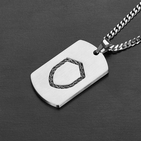 Stainless Steel Cable Shield Center Brushed Dog Tag Necklace // Silver // 24"
