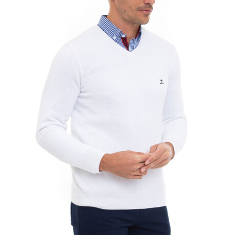 Thiago V-Neck Textured Pullover Sweatshirt // White (XS)