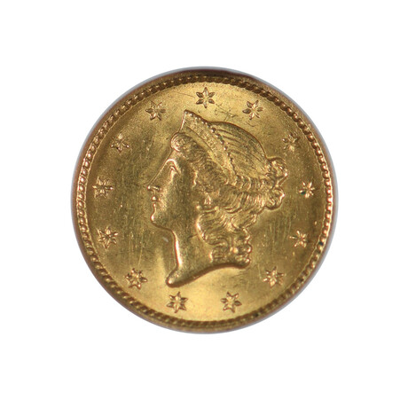 1849 Liberty Head $1 Gold Piece // Type 1, Closed Wreath // NGC Certified MS63 // Wood Presentation Box