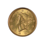 1849 Liberty Head $1 Gold Piece // Type 1, Closed Wreath // NGC Certified MS63 // Wood Presentation Box