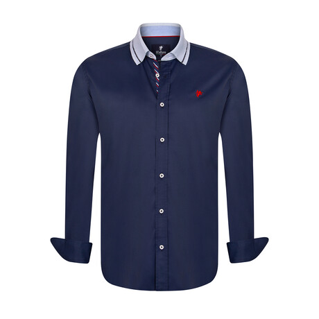 Accented Collar Button-Up Shirt // Navy + Light Blue (S)