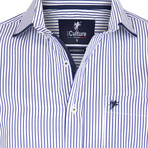 Striped Button-Up Shirt // White + Royal Blue (L)