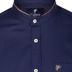 Collarless Button-Up Shirt // Navy (L)