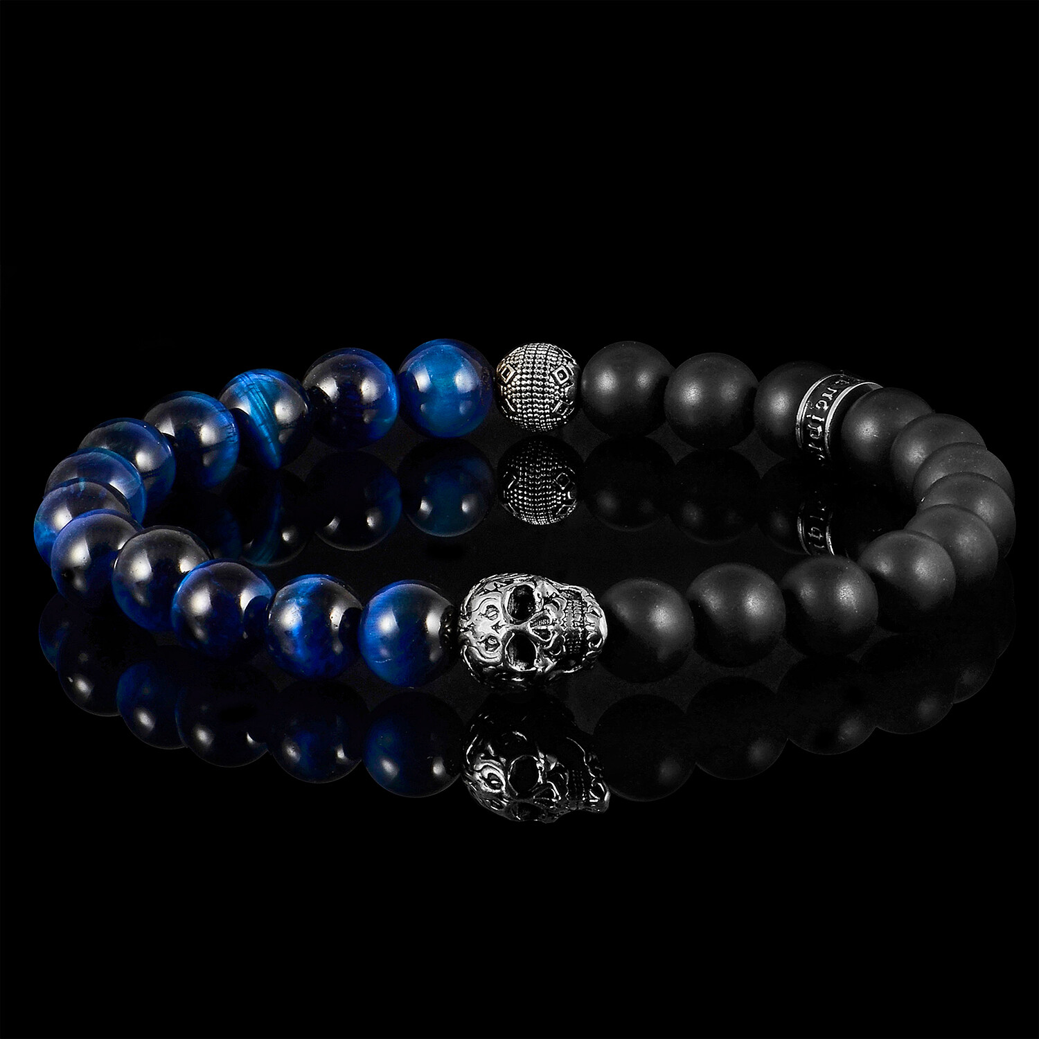 Blue Tigers Eye + Matte Onyx Stainless Steel Skull Stretch Bracelet // 8mm  - Crucible - Touch of Modern