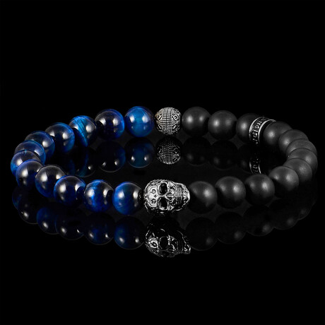 Blue Tigers Eye + Matte Onyx Stainless Steel Skull Stretch Bracelet // 8mm