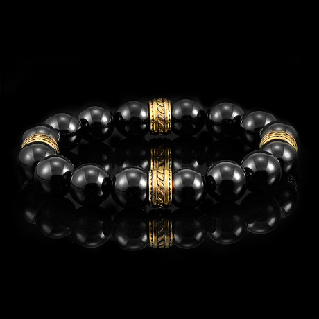 Polished Black Onyx Stone Stretch Bracelet + Gold Plated Stainless Steel Tribal Accent Beads // 12mm