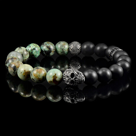 African Turquoise + Matte Onyx Stainless Steel Skull Stretch Bracelet // 10mm