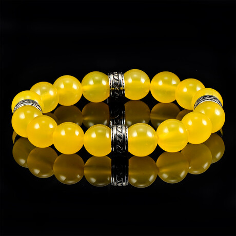 Yellow Agate Stone + Stainless Steel Accents Stretch Bracelet // 12mm