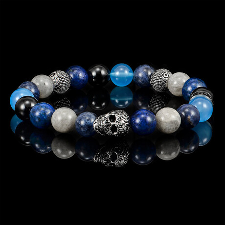 Lapis Lazuli + Sodalite + Light Blue Agate + Labradorite + Onyx Stainless Steel Skull Stretch Bracelet // 10mm