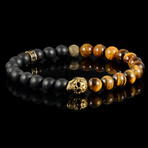 Tigers Eye + Matte Onyx Stainless Steel Skull Stretch Bracelet // 8mm // Gold Plated