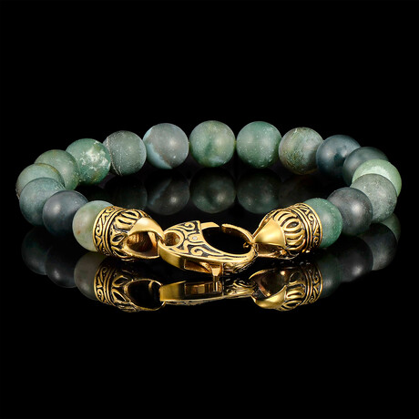 Matte Moss Agate Stone Stainless Steel Clasp Bracelet // 10mm // Gold Plated