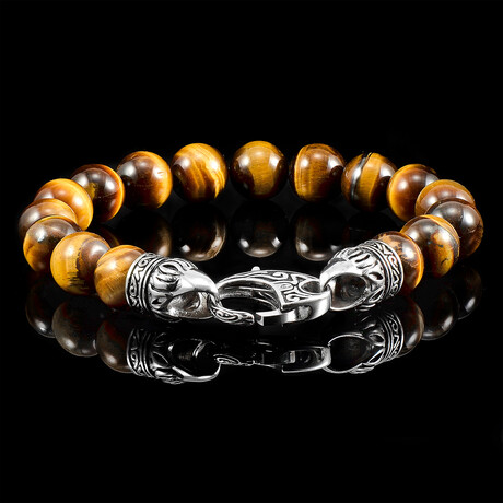 Tiger Eye Stone Bracelet + Stainless Steel Lobster Clasp // 10mm // Brown + Silver