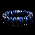 Blue Tigers Eye Stainless Steel Accent Stretch Bracelet // 12mm