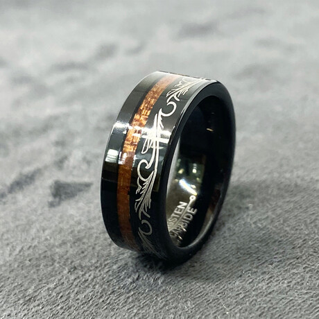Tungsten Carbide + Black Wood Inlaid Polished Motif Ring // 8mm // Silver (Size 8)