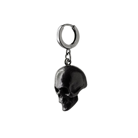 Skull Pendant Single Hoop Earring // Black + Silver