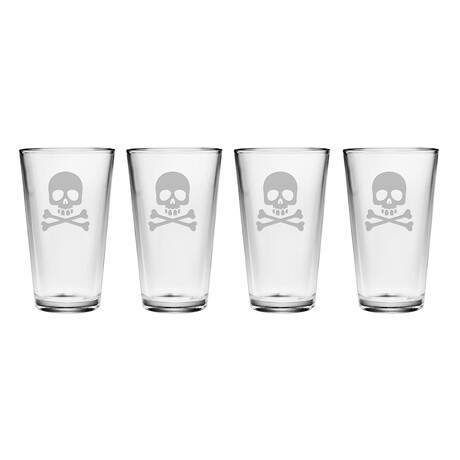 Pint Glasses // Set of 4 // 16 oz // Skull & Crossbones