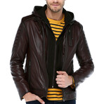 Hooded Zig Leather Jacket // Claret Red (M)