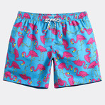 Michael 7" Swim Trunks // Flamingo Print // Blue + Pink (XS)