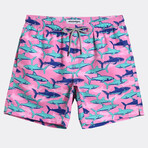 Michael 7" Swim Trunks // Shark Print // Pink + Blue (XL)