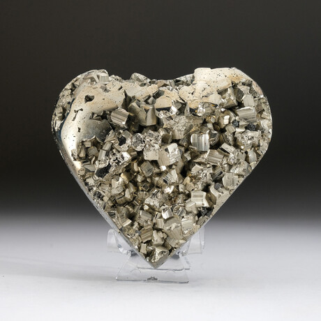 Genuine Pyrite Crystal Clustered Heart + Acrylic Display Stand v.3