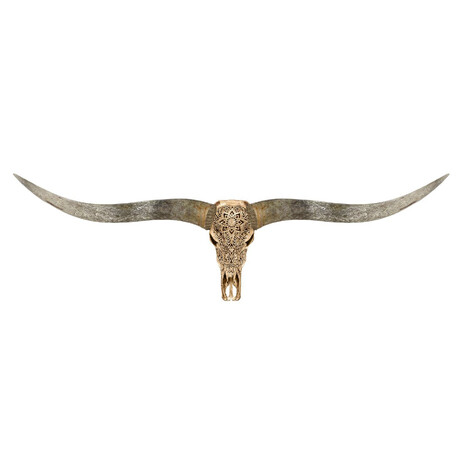 Carved Longhorn Skull // XL Horns // Golden Mandala