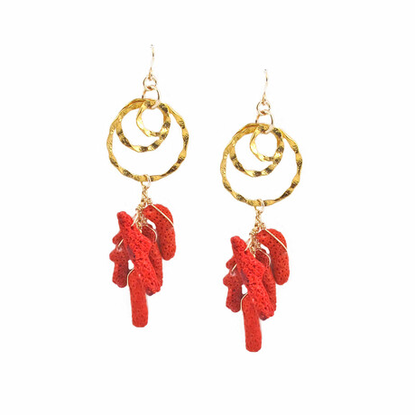 18K Gold Plated Brass + Red Sponge Coral Dangle Earrings // Store Display