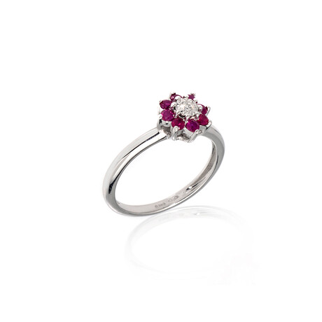 18k White Gold Diamond + Ruby Flower Ring // Ring Size: 6.25 // Store Display