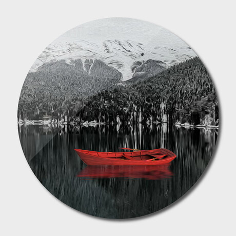 Red Boat on the Background of Black and White Nature (16"Ø)