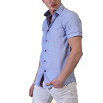 Hudson Short Sleeve Button-Up Shirt // Striped Blue + Burgundy (S)