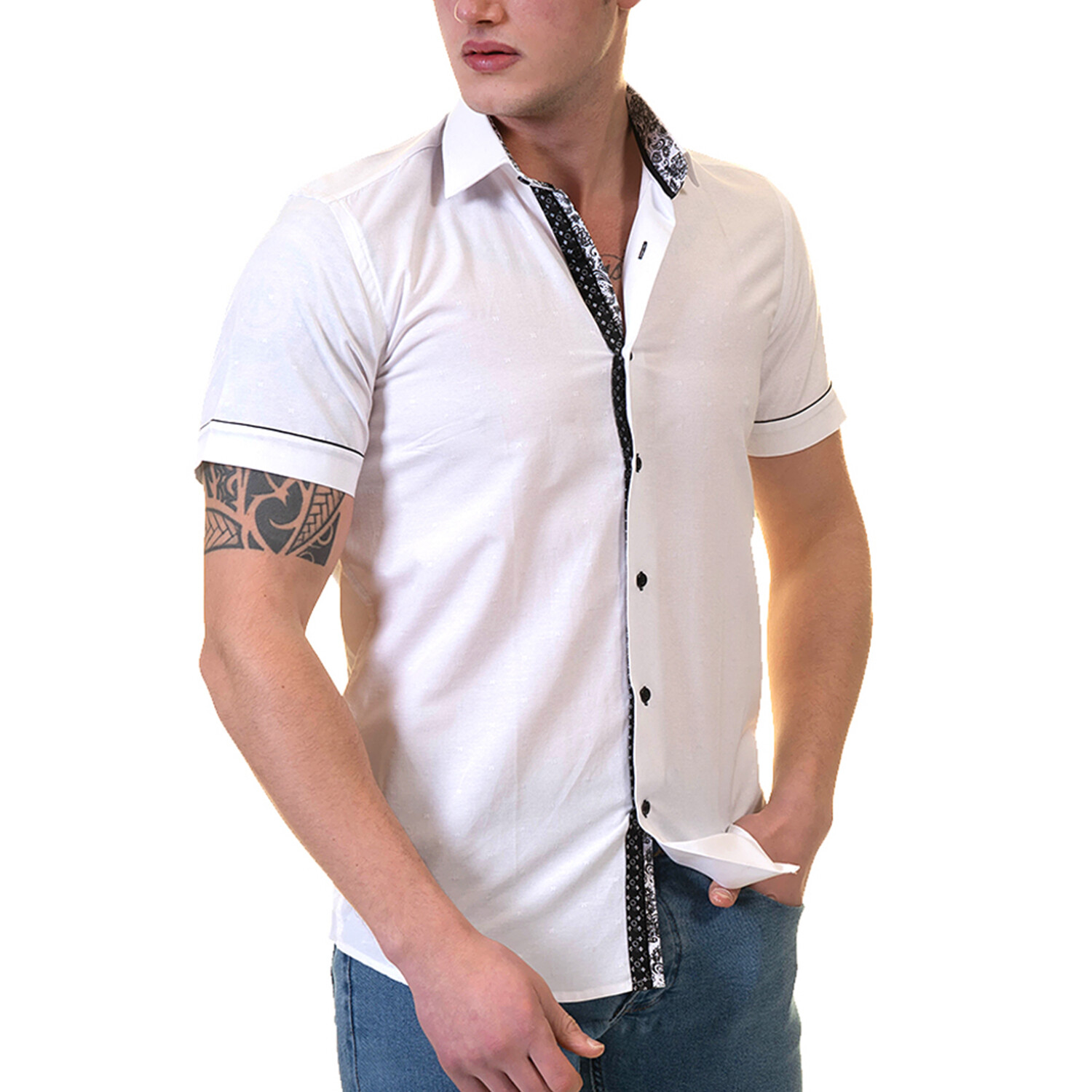 European Premium Quality Short Sleeve Shirt // Solid White + Black ...