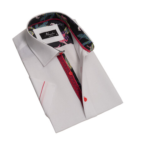 European Premium Quality Short Sleeve Shirt // Solid White Textured + Multicolor (L)