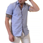 Hudson Short Sleeve Button-Up Shirt // Striped Blue + Burgundy (M)