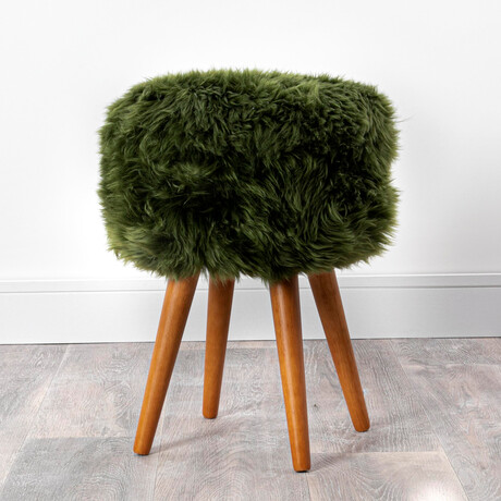 Olive Green Sheepskin Wood Stool // Woodstain Legs