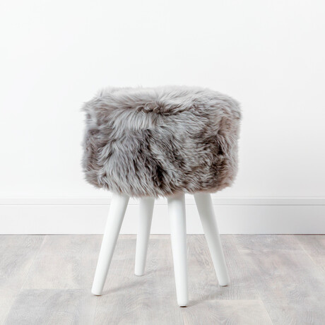 Gray Sheepskin Wood Stool // White Legs