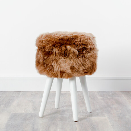 Light Brown Sheepskin Wood Stool // White Legs