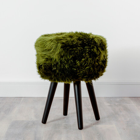Olive Green Sheepskin Wood Stool // Black Legs